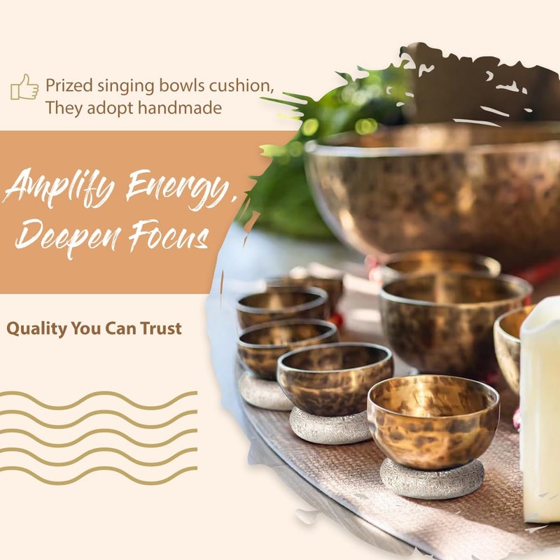 UPCEED 7 Pcs Singing Bowl Cushion Set for 6-12" Tibetan Singing Bowls, Handmade Silk Brocade Round Cushion Pillow for Meditation Sound Healing and Crystal Sound Bowls Accessories(Silver) - Image 4